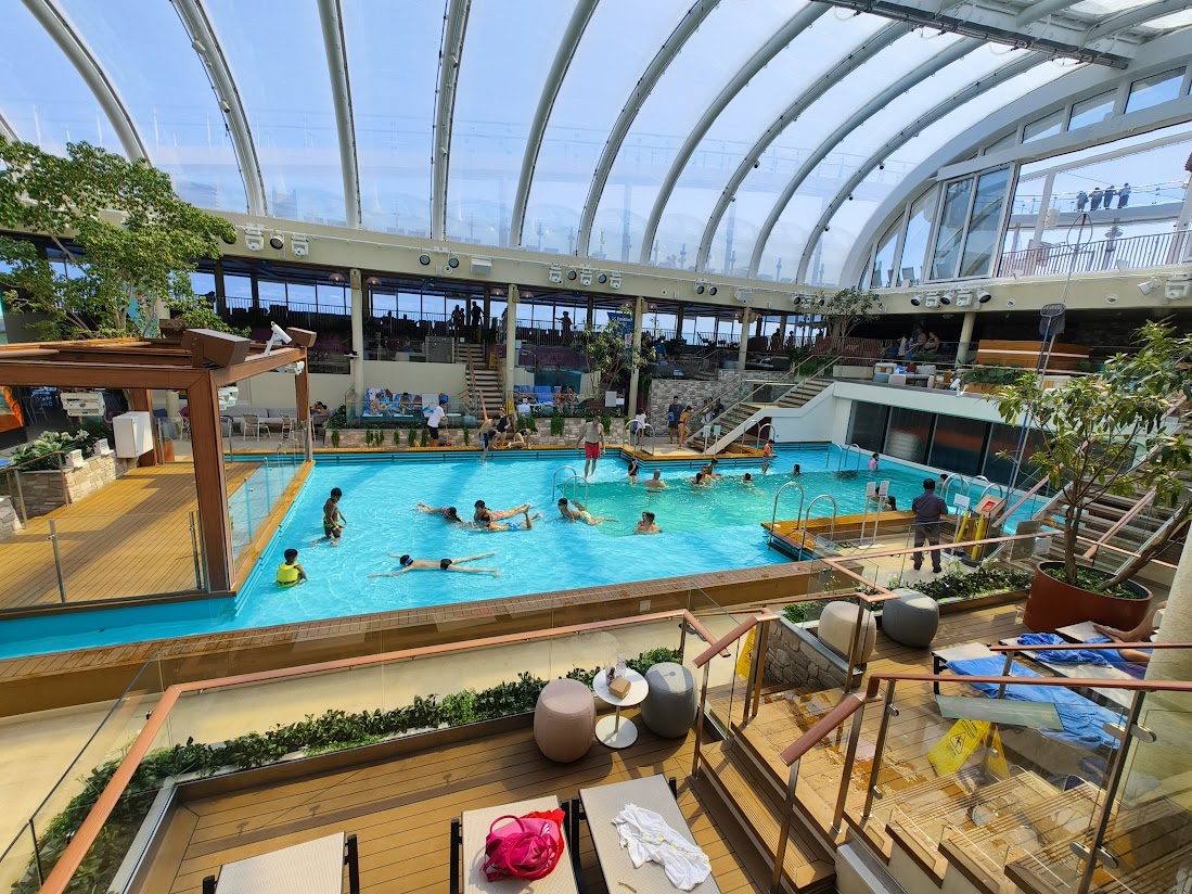 a swimming pool on the upper deck