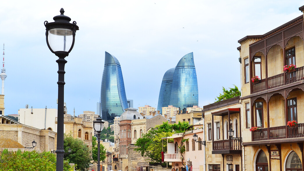 The flame towers in the skyline of Baku Azerbaijan