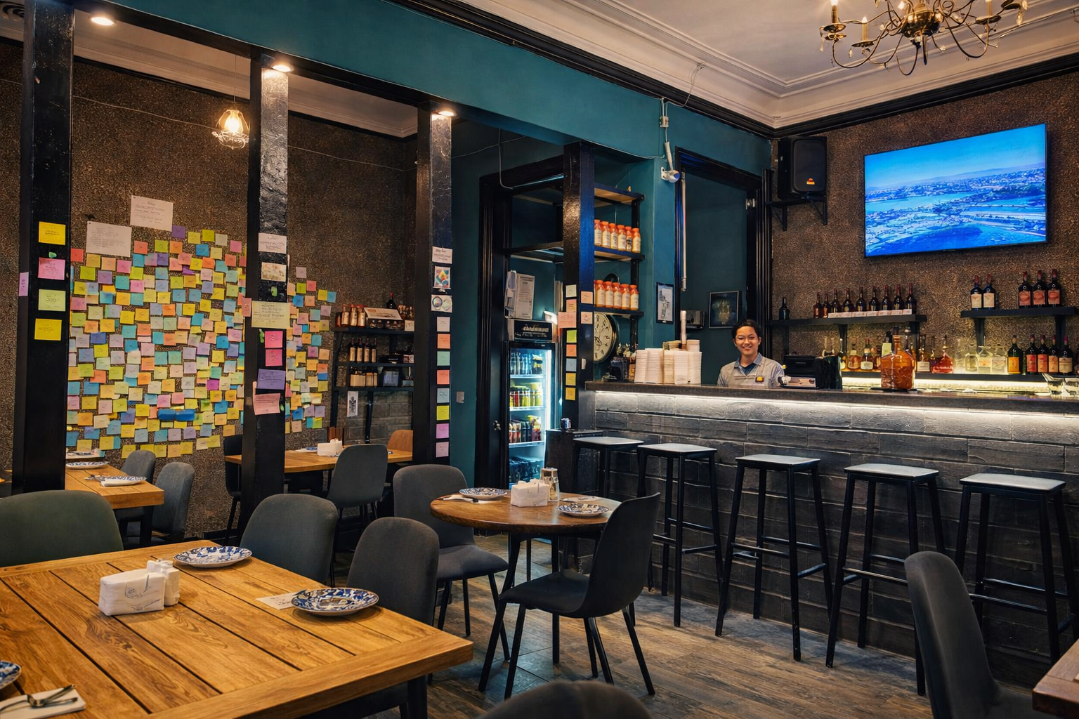 מסעדה כשרה לה קאסה בטביליסי. על הקירות מדבקות ממלחמת אוקטובר ופתקי תודה בעברית שיוצרים אווירה ישראלית